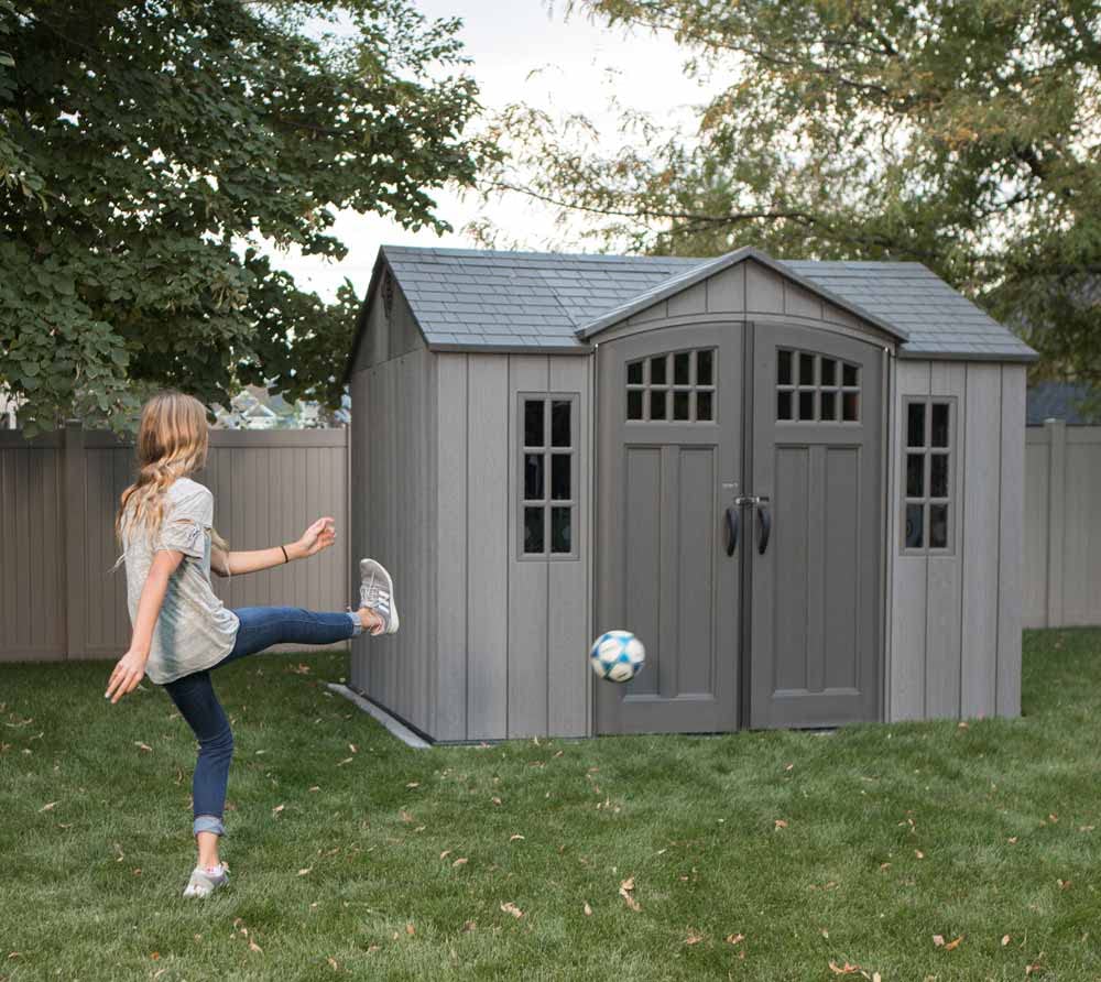 Lifetime 10 ft x 8 ft Outdoor Storage Shed – Heavy-Duty Resin Backyard Shed with Skylights, Windows, Steel-Reinforced Textured Walls