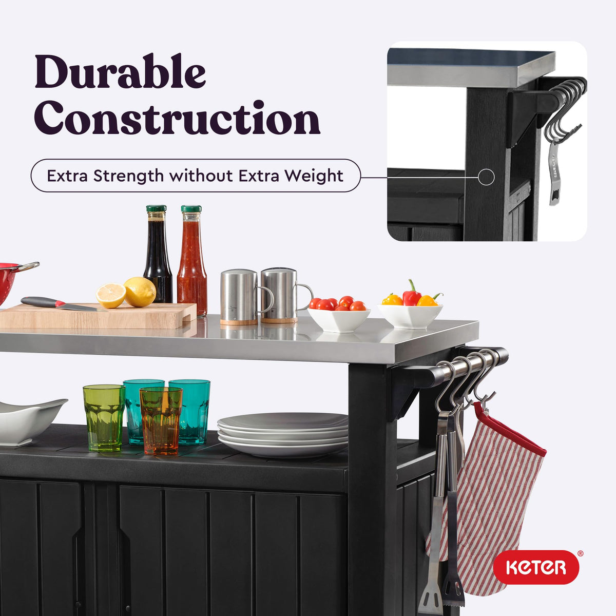 Keter Unity XL Portable Outdoor Table with Stainless Steel Top for Kitchen Prep and Outdoor Storage Cabinet for Grilling Accessories, Dark Grey