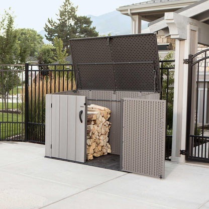 LIFETIME Horizontal Outdoor Storage Shed, Weather Resistant Resin Storage Can Fit Two Large Garbage Cans, Lockable Doors, Spring‑Hinge Lid, Low‑Maintenance Backyard Utility Shed