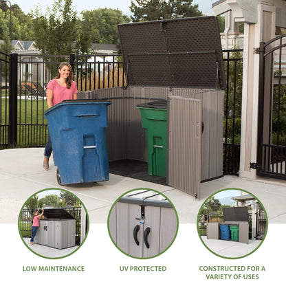 LIFETIME Horizontal Outdoor Storage Shed, Weather Resistant Resin Storage Can Fit Two Large Garbage Cans, Lockable Doors, Spring‑Hinge Lid, Low‑Maintenance Backyard Utility Shed