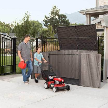 LIFETIME Horizontal Outdoor Storage Shed, Weather Resistant Resin Storage Can Fit Two Large Garbage Cans, Lockable Doors, Spring‑Hinge Lid, Low‑Maintenance Backyard Utility Shed