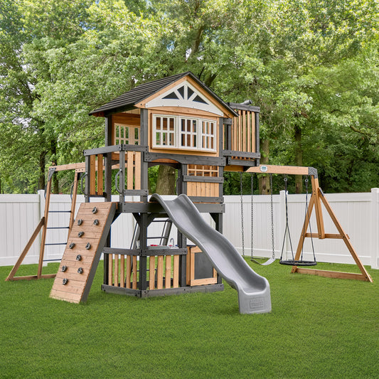 Backyard Discovery Rosewood Falls Cedar Wood Swing Set with Monkey Bars, Clubhouse, Crow's Nest, Play Kitchen, Wave Slide, Rock Wall, Belt Swings, Web Swing, Half Door, Chalkboard, Outdoor Playset
