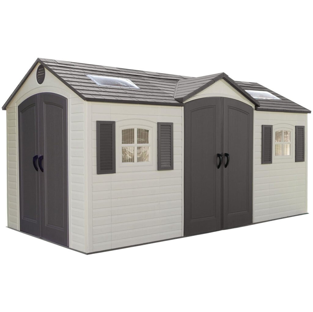 Lifetime 15×8 Ft Dual‑Entry Outdoor Storage Shed, Steel‑Reinforced, UV‑Protected, Weather‑Resistant Backyard Garden Shed with Skylights, Windows & Shelving, Desert Sand