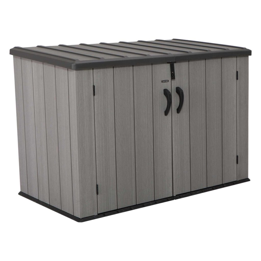 LIFETIME Horizontal Outdoor Storage Shed, Weather Resistant Resin Storage Can Fit Two Large Garbage Cans, Lockable Doors, Spring‑Hinge Lid, Low‑Maintenance Backyard Utility Shed