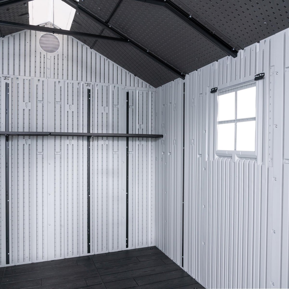 Lifetime shed interior with skylight